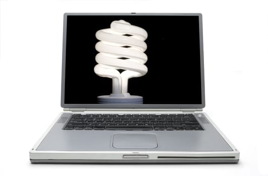 Laptop Concept - Conservation with energy saving bulb.