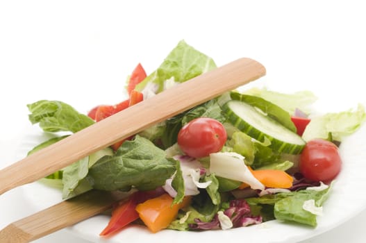 Garden salad in a white bowl with white background