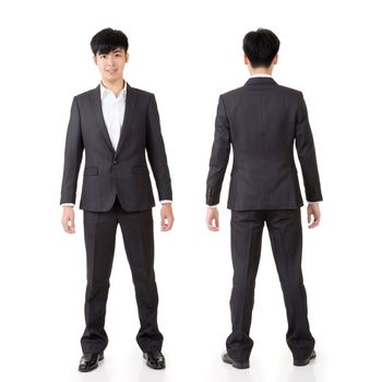 Young handsome businessman of Asian, full length portrait isolated on white background with front and rear view.