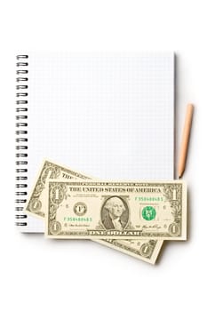 Notepad, pencil, dollar isolated on white