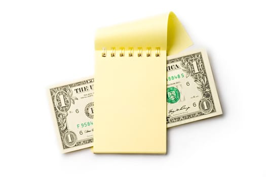 Notepad, dollar isolated on white