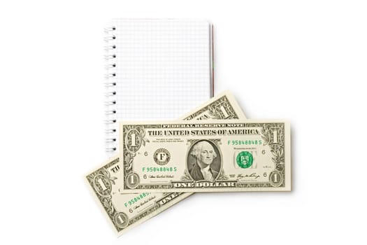Notepad, dollar isolated on white