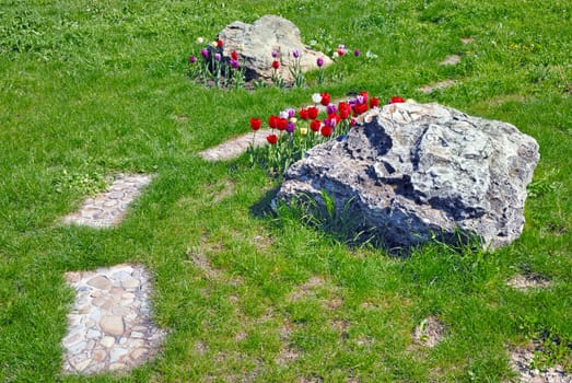 Garden stone path with boulder and flowers