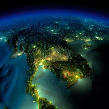 Highly detailed Earth, illuminated by moonlight. The glow of cities sheds light on the detailed exaggerated terrain and translucent water of the oceans. Elements of this image furnished by NASA