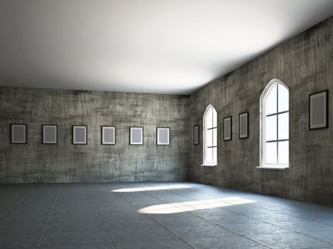 The old gallery with empty wooden frames