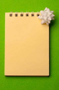 Notepad and bow isolated on green