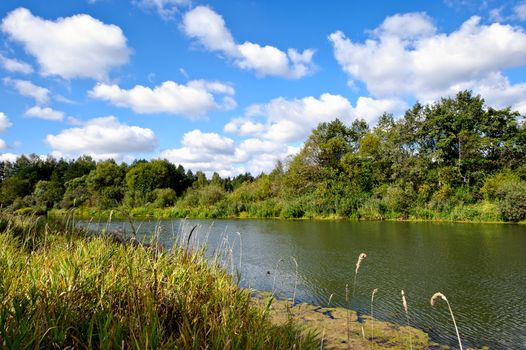 Summer landscape with river and cloudy sky