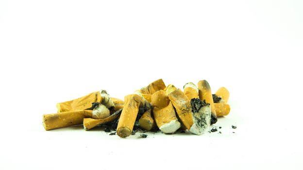 A Pile of Cigarette Butts isolated on white background.