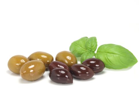 marinated olive fruits on white background