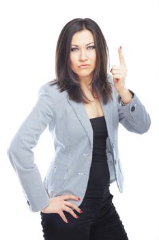 Female boss wagging a finger on a white background