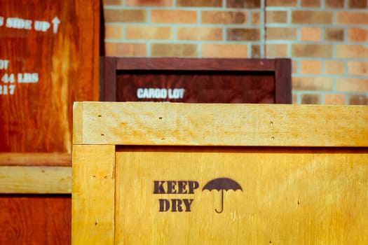 Wooden cargo crates stacked in a warehouse