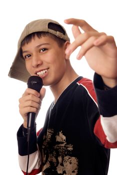 Photo of smiling boy singing a rap song