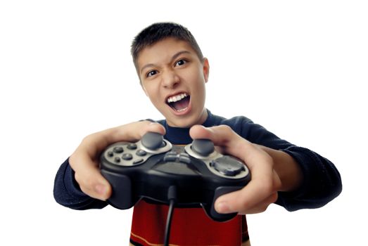 Photo of the boy with joystick playing computer game 