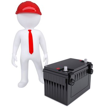 3d white man next to the car battery. Isolated render on a white background