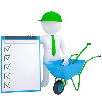 3d white man with a wheelbarrow. Isolated render on a white background