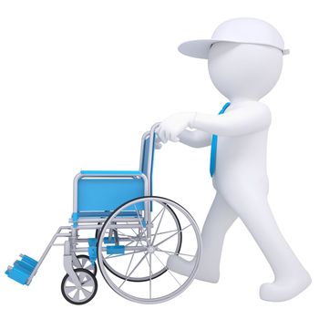 3d white man holding a wheelchair. Isolated render on a white background