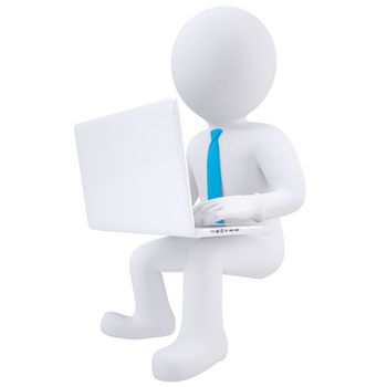 3d white man sitting with a laptop. Isolated render on a white background
