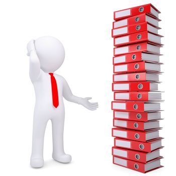 3d white man next to a stack of office folders. Isolated render on a white background
