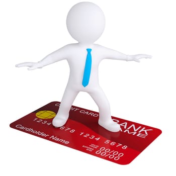 3d white man standing on a credit card. Isolated render on a white background