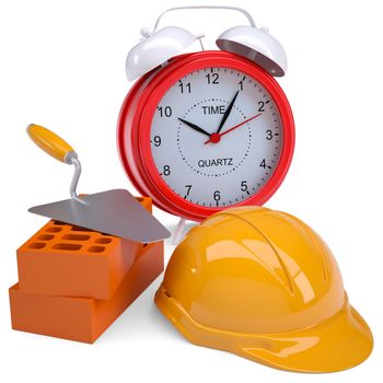 Bricks, hard hat and alarm clock. Isolated render on a white background
