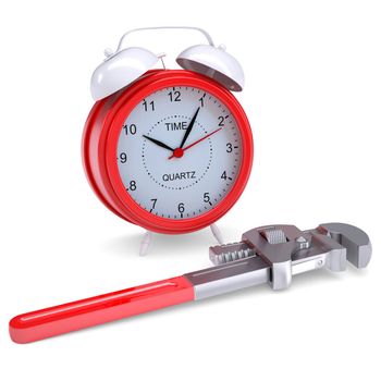 Wrench and an alarm clock. Isolated render on a white background
