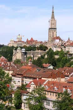 Berne, Switzerland. Beautiful old town. Prominent cathedral tower.