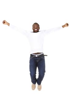 Young happy afro american man jumps in joy over white background.