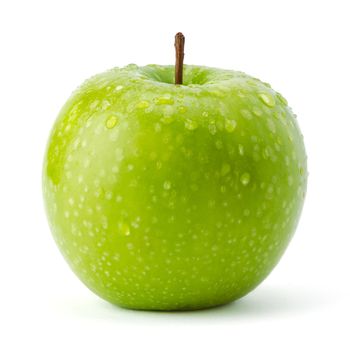 Green apple Granny Smith covered in water droplets isolated against a white background.