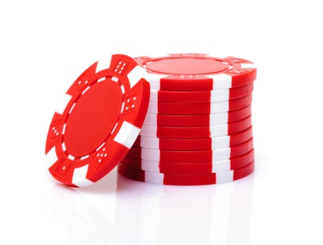 Small Stack of Red Poker Chips, closeup on white background