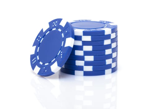 Small Stack of Blue Poker Chips, closeup on white background