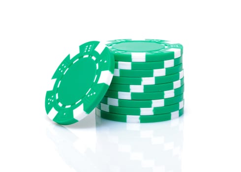 Small Stack of Green Poker Chips, closeup on white background