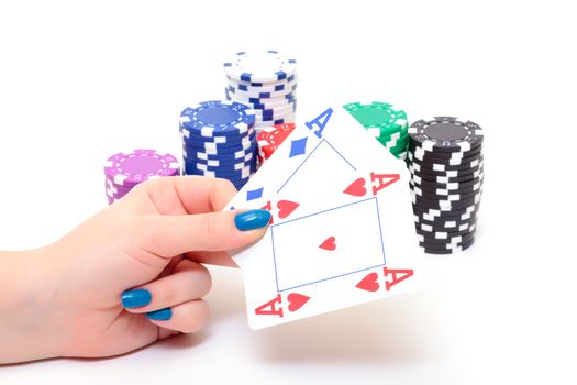 Hand with two Aces and Stacks Poker Chips, on white background