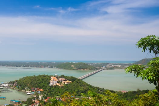 Bridge across the sea. Connecting the island to the coast. Yor Island and the coast of Songkhla province, southern Thailand.