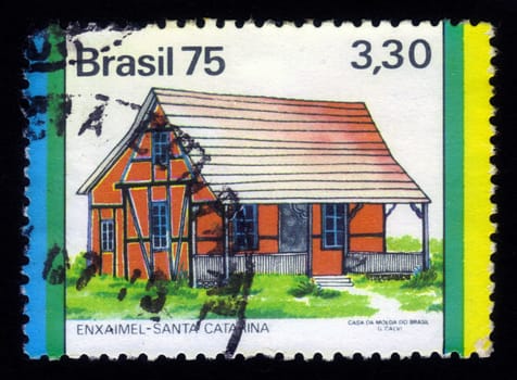 BRAZIL-CIRCA 1975:A stamp printed in Brazil shows enxaimel or fachwerk in santa catarina, circa 1975
