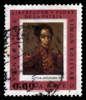 VENEZUELA - CIRCA 1966: A stamp printed in Venezuela shows portrait of Simon Bolivar, by an unknown artist, circa 1966