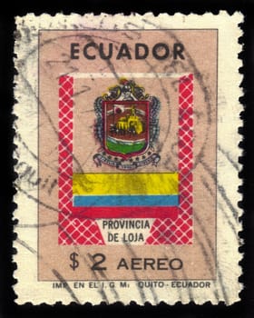 Ecuador - CIRCA 1965: A stamp printed in Ecuador shows coat of arms of Loja province, circa 1965