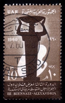 EGYPT - CIRCA 1960: A stamp printed in Egypt shows sculpture and palette, dedicated to third fine arts biennale, Alexandria, circa 1960