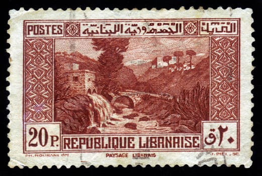 Lebanon - CIRCA 1926: A stamp printed in Lebanon under French Mandate, shows arab bridge over  dog river, Nahr el Kelb, Lebanon , circa 1926