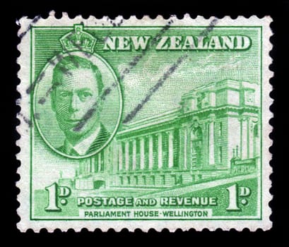 New Zealand - CIRCA 1946: A post stamp printed in New Zealand shows parliament house of wellington, circa 1946