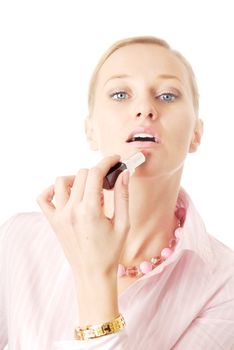 Blond with blue eyes and lipstick on a white background