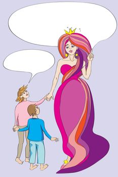 Hand drawn illustration of a fairy princess and two kids with conversation bubbles over a pastel background