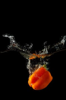 Colored orange paprika in water splashes on black background