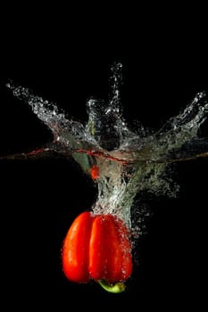 Colored red paprika in water splashes on black background