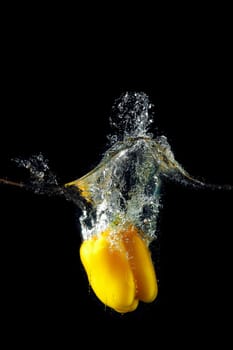 Colored yellow paprika in water splashes on black background