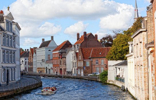 The boat with tourists on the channel, Bruges, Belgium, 29.09.2012.