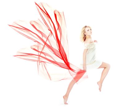 Dancing and moving blond lady on a white background holding red fiber