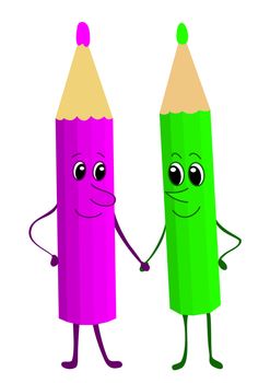 Cartoon colour pencils friends, boy and girl.