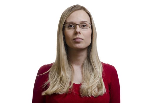 portrait of a young woman with glasses isolated on white background