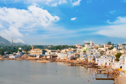 View of the holy sacred place for Hindus town Pushkar, Rajasthan, India. 