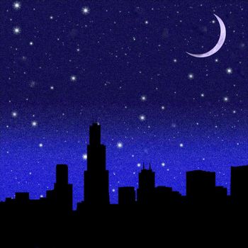 City silhouette on night starry sky background